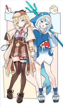 2girls absurdres animal_costume animal_hood asahi_illustrator black_shoes black_thighhighs blonde_hair blue_eyes blue_socks blue_streaks brown_hat brown_jacket brown_skirt commentary deerstalker english_commentary gawr_gura gawr_gura_(1st_costume) hat highres holding holding_magnifying_glass holding_polearm holding_weapon hololive hololive_english hood jacket looking_at_viewer magnifying_glass medium_hair multiple_girls polearm shark_costume shark_hood shirt shoes skirt smile socks thigh_strap thighhighs trident virtual_youtuber watson_amelia watson_amelia_(1st_costume) weapon white_hair white_shirt white_shoes zettai_ryouiki