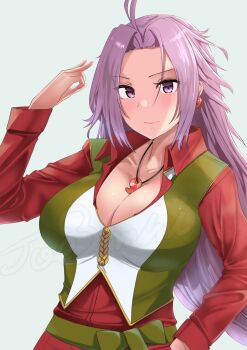 Rule 34 | 1girl, ahoge, breasts, cleavage, collared shirt, commentary request, dress shirt, green vest, highres, jewelry, jouzaburou (joe3), jun'you (kancolle), kantai collection, large breasts, long hair, magatama, necklace, purple eyes, purple hair, red shirt, shirt, solo, upper body, vest