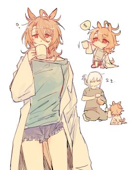 2girls agnes_tachyon_(umamusume) ahoge animal_ears black_pants blue_shirt brown_hair chibi chibi_inset closed_eyes clothing_cutout coat coffee_pot cup d2a103175 female_trainer_(umamusume) frilled_shorts frills hair_between_eyes hand_up highres holding holding_cup horse_ears horse_girl horse_tail huge_ahoge kneeling korean_text lab_coat long_sleeves medium_hair messy_hair motion_lines mug multiple_girls no_mouth off_shoulder open_clothes open_coat pants pouring purple_shorts red_eyes shirt short_sleeves shorts simple_background sleepy speech_bubble squeans t-shirt tail tail_through_clothes trainer_(umamusume) translation_request umamusume white_background white_coat wide_sleeves wolf_cut