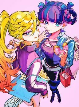 231f20_66 2girls bag bare_legs belt black_shirt blonde_hair blue_eyes blunt_bangs bow breasts cleavage colored_inner_hair commentary criss-cross_straps donut earrings english_commentary food gothic_lolita hair_bow heart heart_earrings heart_ornament highres holding holding_food jacket jewelry large_breasts legs lolita_fashion long_hair looking_at_viewer medium_breasts multicolored_hair multiple_girls orange_hair panty_&amp;_stocking_with_garterbelt panty_(psg) pink_background pink_hair ponytail popcorn purple_hair shirt shoes shopping_bag short_hair siblings simple_background sisters stocking_(psg) striped_clothes striped_leggings striped_thighhighs thighhighs tongue tongue_out twintails two-tone_hair