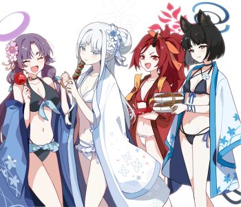 4girls alternate_hairstyle animal_ears bakeneko bikini black_bikini black_eyes black_hair blue_archive blue_haori breasts bright_pupils candy_apple cat_ears cat_tail cleavage commentary_request dragon_horn fang flower food frilled_bikini frills front-tie_bikini_top front-tie_top fundoshi hair_flower hair_ornament halo haori highres holding holding_candy_apple holding_food holding_skewer hyakkaryouran_(blue_archive) ideolo japanese_clothes kikyou_(blue_archive) kikyou_(swimsuit)_(blue_archive) large_breasts long_hair medium_breasts multiple_girls multiple_tails nagusa_(blue_archive) nagusa_(swimsuit)_(blue_archive) navel official_alternate_costume purple_hair red_eyes red_hair renge_(blue_archive) renge_(swimsuit)_(blue_archive) short_hair simple_background skewer skin_fang stomach swimsuit tail two_tails very_long_hair walking white_background white_bikini white_eyes white_hair white_haori white_pupils yakisoba yakitori yukari_(blue_archive) yukari_(swimsuit)_(blue_archive)