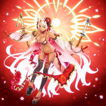 1girl animal_ears bikini black_thighhighs blonde_hair breasts detached_sleeves fate/grand_order fate_(series) fox_ears fox_girl fox_tail full_body game_cg hair_ornament highres katana large_breasts long_hair nail_polish official_art pink_hair platform_clogs platform_footwear red_nails string_bikini suzuka_gozen_(fate) suzuka_gozen_(swimsuit_rider)_(fate) suzuka_gozen_(swimsuit_rider)_(third_ascension)_(fate) swimsuit sword tail takenoko_seijin thighhighs very_long_hair weapon yellow_eyes