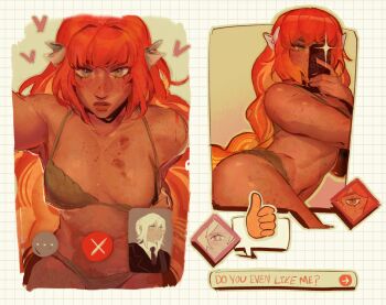 2400db alternate_skin_color blonde_hair blue_eyes blush bow bra bra_pull breasts bright_pupils cellphone clothes_pull convenient_censoring dark-skinned_female dark_skin faust_(project_moon) formal_clothes freckles green_eyes green_panties hair_bow heart highres holding holding_phone interracial ishmael_(project_moon) lace lace-trimmed_panties lace_trim limbus_company navel orange_hair pant_suit panties pants phone project_moon red_hair red_lips selfie small_breasts smartphone sparkle stomach suit underwear user_interface white_bow white_pupils yuri