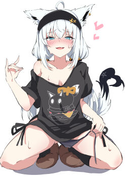 1girl absurdres ahoge animal_ear_fluff animal_ear_piercing animal_ears aqua_eyes black_hairband black_panties black_socks blush breasts collarbone commentary_request double-parted_bangs fang fox_ears fox_girl fox_shadow_puppet fox_tail full_body hair_between_eyes hairband heart highres hololive long_hair looking_at_viewer low_twintails medium_breasts mikazuki1613 no_pants official_alternate_costume open_mouth oversized_clothes oversized_shirt panties pentagram shadow shirakami_fubuki shirakami_fubuki_(loungewear) shirt sidelocks simple_background slippers socks solo sweat sweatdrop t-shirt tail tongue twintails underwear virtual_youtuber white_background white_hair