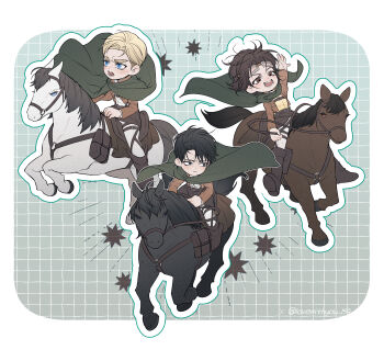 1other 2boys absurdres black_hair blonde_hair blue_eyes boots border brown_boots brown_eyes brown_hair brown_jacket chibi chibi_only cloak cropped_jacket erwin_smith eyewear_on_head furrowed_brow green_cloak grid_background hand_up hange_zoe highres horseback_riding jacket levi_(shingeki_no_kyojin) lovewithyou_159 multiple_boys open_mouth pants parted_bangs parted_lips riding shingeki_no_kyojin smile thick_eyebrows twitter_username white_border white_pants