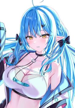 1girl absurdres ahoge black_jacket blue_hair blush bra breasts cleavage commentary_request elf heart heart_ahoge highres hololive jacket large_breasts long_hair low_twintails parted_lips pointy_ears single_bare_shoulder single_off_shoulder smile solo takotakochan_1006 twintails underwear upper_body virtual_youtuber white_background white_bra yellow_eyes yukihana_lamy yukihana_lamy_(cyber)