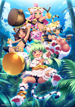 Rule 34 | 4girls, :3, ahoge, animal ear fluff, animal ears, animal hands, arm up, armpits, axe, bikini, bikini top only, black bikini, black panties, black thighhighs, blue hair, bow, bow panties, brown eyes, brown hair, capelet, chain, cloud, club (weapon), collar, day, elephant, fang, fur trim, gloves, gold chain, green eyes, green hair, hair bobbles, hair ornament, highres, jungle, koihime musou, kuwada yuuki, long hair, looking at viewer, mike (koihime musou), miniskirt, moukaku (koihime musou), multiple girls, nature, navel, o-ring, official art, open mouth, outdoors, outstretched arm, panties, paw gloves, paw shoes, pink hair, polearm, red eyes, shamu (koihime musou), short hair, skirt, sky, slingshot (weapon), smile, socks, spread legs, striped clothes, striped socks, swimsuit, tail, thighhighs, thighs, tiger ears, tiger hat, tiger tail, topknot, tora (koihime musou), twintails, underwear, weapon, white capelet, white skirt