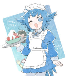 Rule 34 | 1boy, 1girl, ;d, adapted costume, ahoge, alternate costume, apple, apron, axolotl, bebe 0620, bird girl, bird tail, bird wings, blue background, blue dress, blue eyes, blue hair, brooch, commentary, cowboy shot, dated, dress, enmaided, feathered wings, final fantasy, final fantasy xiv, flying sweatdrops, food, frilled apron, frills, from side, fruit, head wings, hermes (ff14), highres, holding, holding tray, jewelry, juliet sleeves, long sleeves, looking at viewer, maid, maid apron, maid day, maid headdress, meteion, mini person, miniboy, one eye closed, open mouth, puffy sleeves, short hair, smile, solo focus, standing, tail, tray, two-tone background, white background, wings