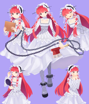 Rule 34 | 1girl, absurdres, applying makeup, arms behind back, axe, brown eyes, closed eyes, collarbone, dress, frilled hairband, frills, grey shoes, hair ribbon, hairband, hand mirror, head tilt, highres, holding, holding axe, holding mirror, holding sketchbook, leaning forward, lolita fashion, long hair, long sleeves, looking at viewer, mirror, multiple girls, one eye closed, open mouth, persona, persona 3, purple background, red hair, ribbon, shoes, sidelocks, simple background, sketchbook, smile, spiked anklet, tress ribbon, white dress, white ribbon, yomyompi, yoshino chidori