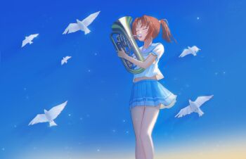 1girl backlighting bird blue_sailor_collar blue_skirt blue_sky brown_hair closed_eyes commentary_request day euphonium feet_out_of_frame flowingcrescent hands_up hibike!_euphonium highres instrument kitauji_high_school_uniform light_particles medium_hair midriff miniskirt music nakagawa_natsuki outdoors parted_bangs playing_instrument pleated_skirt ponytail sailor_collar school_uniform serafuku shirt short_sleeves skirt sky solo standing white_bird white_shirt
