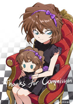 Rule 34 | 1girl, absurdres, bisho imobing hito, black dress, blue eyes, brown hair, chair, character doll, checkered floor, closed mouth, commentary request, commission, doll, dress, haibara ai, hairband, highres, looking at viewer, meitantei conan, on chair, purple hairband, short hair, sitting, solo