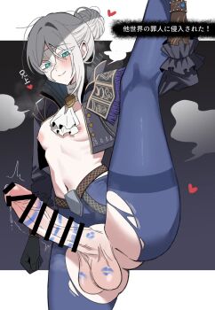 Rule 34 | 1boy, ascot, black background, black gloves, blue eyes, blue pantyhose, blush, capelet, closed mouth, commentary request, duchess (elden ring), elden ring, elden ring nightreign, erection, eye mask, genderswap, genderswap (ftm), gloves, hair bun, half eye mask, heart, highres, idzuki kenkyu-in, large penis, leg up, lipstick mark, lipstick mark on penis, lipstick mark on testicles, lipstick ring, looking at viewer, male focus, mask, messy hair, nipples, pantyhose, pectorals, penis, precum, smile, solo, steaming body, torn clothes, torn pantyhose, translation request, trap, veins, veiny penis, white ascot, white background, white hair