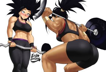 2girls abs absurdres ass barbell bike_shorts black_eyes black_hair blush borrowed_design breasts caulifla commentary constricted_pupils dark-skinned_female dark_skin dragon_ball dragon_ball_super echo_saber english_commentary exercising gym gym_shorts gym_uniform highres kale_(dragon_ball) looking_at_another multiple_girls muscular muscular_female nose_blush ponytail saiyan shorts simple_background spiked_hair sports_bra squatting sweatband weightlifting weights yuri
