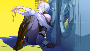1girl absurdres armpits bare_shoulders bigroll bob_cut character_name cyberpunk:_edgerunners cyberpunk_(series) cyborg duplicate high_heels highleg highleg_leotard highres jewelry leotard looking_at_viewer looking_to_the_side lucy_(cyberpunk) multicolored_hair pendant pixel-perfect_duplicate pussy sidelocks sitting solo washing_machine