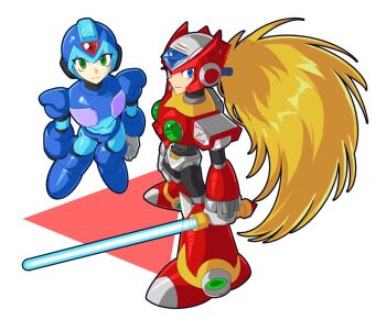 2boys arm_cannon armor blonde_hair blue_eyes chest_jewel energy_sword forehead_jewel full_body g_nm_k green_eyes helmet holding holding_sword holding_weapon long_hair male_focus mega_man_(series) mega_man_x_(series) multiple_boys red_armor red_helmet simple_background standing sword weapon white_background x_(mega_man) z_saber zero_(mega_man)