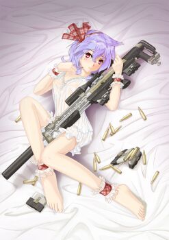 1girl ankle_cuffs ankle_garter bare_legs barefoot bed_sheet blue_hair blush bolt_action bow bullet bullpup dsr-1 female_focus gun headband lying magazine_(weapon) nightgown on_back raptor_n60 red_eyes remilia_scarlet rifle scope short_hair sleepwear sniper_rifle solo suppressor touhou weapon wrist_cuffs