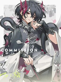 1boy black_hair dress frills hair_between_eyes holding horns jewelry long_sleeves looking_at_viewer multicolored_hair non-web_source original red_eyes shirt short_hair smile solo wide_sleeves wings yuanyunyu_3y