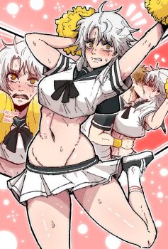 1boy 1girl belly chainsaw_man cheerleader crying crying_with_eyes_open denji_(chainsaw_man) drooling fami_(chainsaw_man) famine_devil_(chainsaw_man) highres kiss makeup mark_gavatino navel pom_pom_(cheerleading) runny_makeup skirt tears white_hair yellow_eyes