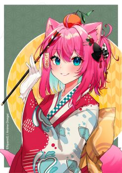 1girl 2023 animal_ear_fluff animal_ears animal_print anime_onegai aqua_eyes aqua_hair arrow_(projectile) artist_request asa_no_ha_(pattern) back_bow black_bow blush border bow cat_ears cat_girl character_name checkered_bow checkered_clothes colored_inner_hair commentary copyright_name copyright_notice diamond-shaped_pupils diamond_(shape) fish_print flower food food_on_head fruit fruit_on_head gloves hair_between_eyes hair_bow hair_flower hair_ornament hairclip halftone hamaya hand_up highres holding holding_arrow japanese_clothes kimono looking_at_viewer mascot medium_hair multi-source_commentary multicolored_hair multicolored_kimono new_year nina_amaki nyami_g object_on_head official_art official_wallpaper orange_(fruit) outside_border pink_hair print_kimono red_flower red_kimono smile solo spanish_commentary split-color_clothes symbol-shaped_pupils tassel tassel_hair_ornament upper_body white_border white_gloves white_kimono yagasuri yellow_bow