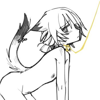 1girl all_fours animal_ears artist_name blush cat_ears cat_girl cat_tail cipher_(honkai:_star_rail) collar completely_nude gold half-closed_eyes highres honkai:_star_rail honkai_(series) implied_yuri leash loli low_twintails monochrome navel nipples nude pet_play sapo_(bananilsonfarofa) short_hair signature sketch sweat tail twintails