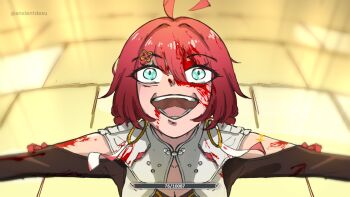 1girl anxient blood blood_on_clothes blood_on_face blue_eyes clothing_cutout commentary danjin_(wuthering_waves) english_commentary health_bar highres jujutsu_kaisen open_mouth outstretched_arms red_hair scene_reference shoulder_cutout solo tacet_mark_(wuthering_waves) teeth wuthering_waves