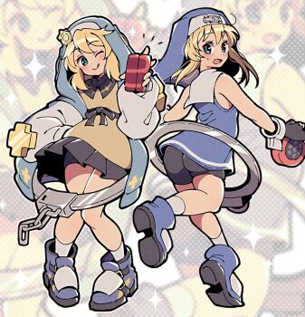 Rule 34 | 1boy, :q, androgyne symbol, black gloves, black shorts, black skirt, blonde hair, blue dress, blue jacket, blue shoes, blue veil, bridget (guilty gear), choppy bangs, closed mouth, cuffs, dress, fingerless gloves, gloves, green eyes, guilty gear, guilty gear strive, guilty gear xx, handcuffs, holding, hood, hood up, hooded jacket, itsuka neru, jacket, long sleeves, looking at viewer, male focus, miniskirt, multiple views, nun, one eye closed, open clothes, open jacket, open mouth, shoes, short hair, shorts, skirt, smile, tongue, tongue out, trap, veil, yo-yo