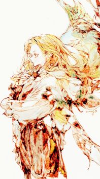 1girl 7na5go commentary_request cowboy_shot expressionless floating_hair forehead from_side hair_behind_ear lineart long_hair original oversized_clothes pants red_pants red_theme shirt solo white_shirt wings