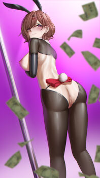 1girl animal_ears ass banknote blush breasts brown_hair censored cleft_of_venus crotchless crotchless_pantyhose embarrassed fake_animal_ears from_behind frown hair_ornament hairclip highres higuchi_madoka idolmaster idolmaster_shiny_colors large_breasts mole mole_under_eye money mosaic_censoring nipples pantyhose pole purple_background purple_eyes pussy rdy reverse_bunnysuit reverse_outfit shrug_(clothing) solo standing stripper_pole