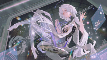 1girl absurdres asymmetrical_bangs bracelet chinese_commentary colored_eyelashes commentary_request diffraction_spikes earrings flat_chest floating full_body halftone halo high_heels highres holographic_interface id_card incredibly_absurdres jewelry long_hair looking_at_viewer mornye_(wuthering_waves) multiple_rings parted_lips red_eyes ring see-through_body shijiechu solo tacet_mark_(wuthering_waves) triangle_earrings very_long_hair white_eyelashes wuthering_waves