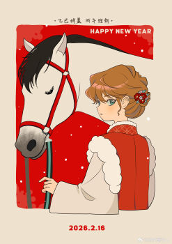 Rule 34 | 1girl, absurdres, bisho imobing hito, border, chinese zodiac, commentary request, dated, green eyes, haibara ai, hair bun, happy new year, highres, meitantei conan, new year, parted lips, short hair, solo, upper body, white border, wide sleeves, year of the horse