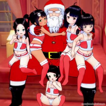 1boy 3d 5girls age_difference ahoge animated ass bad_tag bare_shoulders beard bell belt black_footwear black_hair blue_eyes blush boots brown_eyes camisole christmas christmas_clothes couch dark_skin facial_hair female finger_to_mouth flat_chest glasses gloves green_eyes hair_ornament hairclip hand_on_another's_shoulder harem hat hetero hug indoors jacket knee_boots kneehighs koikatsu koikatsu! koikatsu_(medium) legs loli long_hair looking_at_viewer low_twintails male marojiro_edo midriff multiple_girls mustache navel night no_shoes old old_man open_mouth panties pants red_gloves red_headwear red_jacket red_legwear red_pants red_shorts santa_claus santa_costume santa_hat self-upload short_hair short_twintails shorts sitting sitting_on_lap sitting_on_person size_difference skull_hair_ornament smile socks spread_legs tagme tan tanline thighhighs thighs twintails underwear v video white_hair white_panties window