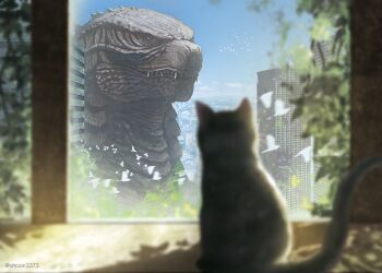 animal bird blue_eyes blue_sky building cat city day fangs flying giant giant_monster gills godzilla godzilla:_king_of_the_monsters godzilla_(series) kaiju legendary_pictures monster monsterverse no_humans overgrown plant shadow sharp_teeth sky skyscraper suttoko tail teeth toho window wings