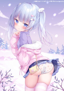 1girl animal_hair_ornament blue_eyes blue_hair blue_skirt coat cowboy_shot female_focus food_print from_behind fruit_print hair_ornament hairclip heart heart_hair_ornament jojifuku loli long_sleeves looking_at_viewer looking_back medium_hair momochi_chia off_shoulder original outdoors panties pantyshot pink_coat print_panties rabbit_hair_ornament skirt snowing solo strawberry_panties strawberry_print striped_clothes striped_thighhighs thighhighs tree twintails underwear white_thighhighs wind wind_lift wing_hair_ornament