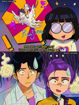 1990s_(style) 1boy 2girls black_hair braid braided_ponytail brenni_murasaki character_request commentary earrings english_text hair_bun highres jewelry jinu_(kpop_demon_hunters) kpop_demon_hunters long_hair multiple_girls purple_hair retro_artstyle rumi_(kpop_demon_hunters) shirt smile