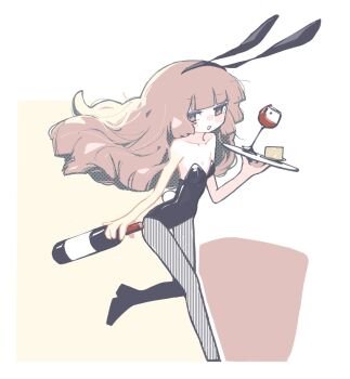 1girl alcohol animal_ear_hairband animal_ears bb_14hz black_leotard bottle breasts cheese collarbone cup drinking_glass fake_animal_ears fake_tail food hairband highres holding holding_bottle holding_tray leotard long_hair looking_at_viewer original pantyhose pink_eyes pink_hair playboy_bunny rabbit_ear_hairband rabbit_ears rabbit_tail running small_breasts solo strapless strapless_leotard tail tray unmoving_pattern wine wine_bottle wine_glass
