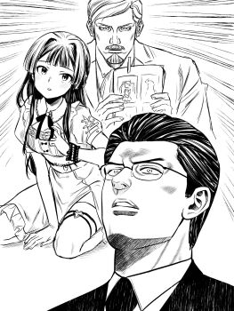 Rule 34 | 1girl, 2boys, beard, dress, emphasis lines, facial hair, father and daughter, glasses, greyscale, hakozaki serika's father, heart, heart o-ring, highres, holding, idolmaster, idolmaster million live!, idolmaster million live! theater days, long hair, looking at viewer, matcha kingyo, mogami shizuka, mogami shizuka's father (idolmaster), monochrome, multiple boys, mustache, o-ring, o-ring thigh strap, parted lips, short hair, short sleeves, sitting, thigh strap