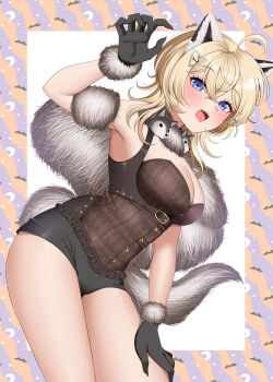 1girl animal_costume animal_ears animal_hands animal_print bat_print black_gloves black_shorts blonde_hair blue_eyes boots breasts brown_tank_top claw_pose cleavage cloak fake_animal_ears fangs fur_boots fur_cloak fur_trim gloves hair_ornament halloween_costume highres kantai_collection large_breasts looking_at_viewer medium_hair official_alternate_costume open_mouth orange_background paw_gloves purple_background short_shorts shorts solo tail tank_top tuscaloosa_(halloween)_(kancolle) tuscaloosa_(kancolle) wolf_costume wolf_ears wolf_girl wolf_tail yomogi_dango