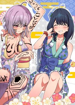2girls black_hair blush bodypaint breasts facepaint flower gridman_universe gridman_universe_(movie) hair_flower hair_ornament highres japanese_clothes jumie80 kimono large_breasts long_hair multiple_girls obi off_shoulder open_mouth paint print_kimono purple_hair red_eyes sash scrunchie shinjou_akane short_hair sleeveless sleeveless_kimono smile sweatdrop takarada_rikka thighs wrist_scrunchie