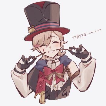 1boy ^_^ black_capelet black_corset black_gloves black_hat blonde_hair blush bow bowtie brown_bow brown_bowtie buttons capelet center_frills closed_eyes commentary_request corset cropped_torso detached_sleeves facial_mark food frilled_shirt_collar frills genshin_impact gloves grin hands_up hat highres holding holding_food holding_pocky long_sleeves lyney_(genshin_impact) male_focus multicolored_gloves multicolored_hair nekorin_chu parted_bangs pocky pocky_day red_bow red_bowtie red_streaks shirt short_hair simple_background sleeveless sleeveless_shirt smile solo streaked_hair swept_bangs teardrop_facial_mark teeth top_hat two-tone_gloves upper_body white_background white_gloves white_shirt white_sleeves