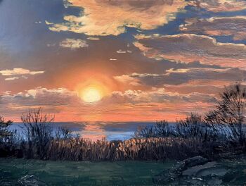 blue_sky cloud cloudy_sky commentary english_commentary gradient_sky grass highres horizon kate_avery no_humans ocean oil_painting_(medium) orange_sky original outdoors painting_(medium) real_world_location sky sun sunset traditional_media