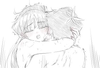 1boy 1girl :o blush closed_eyes commentary_request highres hug implied_sex komi-san_wa_komyushou_desu komi_shouko mitsugu nude open_mouth sketch tadano_hitohito