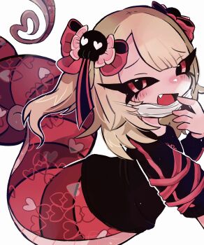 Rule 34 | absurdly long tail, black shirt, blonde hair, blush, breasts, commentary request, excited, eyelashes, fang, fangs, hair between eyes, hair ornament, hands up, heart, heart tail, highres, ivi hakase, lamia, long tail, mask, medium hair, monster girl, mouth mask, open mouth, original, red eyes, red tail, shirt, simple background, skull hair ornament, skull print, small breasts, smile, snake girl, tail, white background
