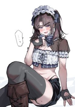 ... 1boy absurdres ayase_ayato_(imamiya_pinoko) bad_source black_gloves black_shorts black_thighhighs blush boots brown_boots brown_hair crossdressing crossdressing_(mtf) fang fingerless_gloves garter_straps gloves highres imamiya_pinoko long_hair looking_at_viewer male_focus navel open_mouth original parted_bangs purple_eyes short_shorts short_sleeves shorts simple_background skin_fang solo speech_bubble spoken_ellipsis sweat thighhighs twintails white_background