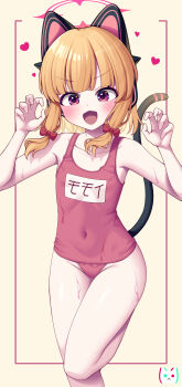 >:) 1girl absurdres alternate_color_school_swimsuit alternate_costume animal_ear_headphones animal_ears bare_arms bare_legs bare_shoulders blonde_hair blue_archive blush cat_ear_headphones cat_ears cat_tail claw_pose collarbone commentary covered_navel fake_animal_ears fake_tail flat_chest foot_out_of_frame halo headphones heart highres looking_at_viewer metaljelly momoi_(blue_archive) name_tag old_school_swimsuit one-piece_swimsuit open_mouth pink_one-piece_swimsuit red_eyes revision school_swimsuit short_hair simple_background smile solo sparkling_eyes standing standing_on_one_leg swimsuit symbol-only_commentary tail tareme thighs v-shaped_eyebrows wet yellow_background