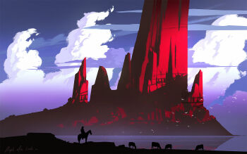 1boy blue_sky cloud commentary cow cowboy cowboy_hat english_commentary flock from_side hat highres horseback_riding lake landscape mountain original outdoors painterly purple_clouds raphael-lacoste reflection reflective_liquid riding scenery shadowed shore signature sky water western