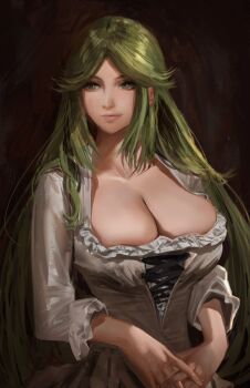 1girl alternate_costume breasts cleavage dress frilled_dress frills green_hair grey_eyes highres j@ck kid_icarus kid_icarus_uprising large_breasts long_hair looking_to_the_side nintendo palutena parted_bangs sidelocks upper_body