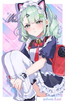 Rule 34 | 1girl, :t, absurdres, animal ear hairband, animal ears, bag, bell, black dress, blush, cat ear hairband, cat ears, closed mouth, commentary request, danielle rock06, dress, earrings, fake animal ears, frilled dress, frills, ghost hair ornament, green eyes, green hair, hair ornament, hairband, heart, heart earrings, highres, jewelry, knees up, looking at viewer, maid, maid headdress, multiple hair clips, neck bell, official alternate costume, pout, red bag, solo, squiggle, sunna (afternoon tea break) (zenless zone zero), sunna (zenless zone zero), tearing up, triangle hair ornament, zenless zone zero
