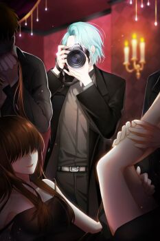 1girl 3boys bare_shoulders belt black_coat black_dress blazer blue_hair blurry blurry_background brown_belt brown_hair brown_pants brown_shirt camera candle candlelight candlestand coat covered_face double_strap_slip dress dress_shirt face_in_shadow faceless faceless_female faceless_male facing_another facing_to_the_side facing_viewer formal_clothes game_cg gangbang grin group_sex hair_over_eyes hand_between_thighs hand_in_another&#039;s_hair hand_on_another&#039;s_leg hand_on_another&#039;s_thigh hand_on_own_face hand_on_own_thigh head_out_of_frame highres holding holding_camera imminent_gangbang indoors jacket legs_up lifting_person long_bangs long_hair looking_at_another multiple_boys obscured_eyes official_art open_clothes open_coat out_of_frame pants parted_bangs parted_hair protagonist_(susanghan_messenger) shaded_face shirt smelling smelling_hair smile strap_slip susanghan_messenger third-party_source undressing_another v_(susanghan_messenger) vignetting wallpaper_(object)