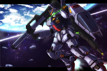 aeug artist_request asteroid battle bazooka_(gundam) beam_rifle cloud debris earth_(planet) energy energy_beam energy_gun glowing glowing_eyes green_eyes gundam gundam_mk_ii gundam_perfect_file holding holding_weapon in_orbit lens_flare machinery mecha mecha_focus mobile_suit nebula no_humans official_art planet robot scene_reference science_fiction shield solo space star_(sky) thrusters v-fin weapon zero_gravity zeta_gundam