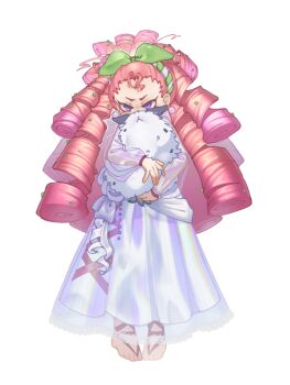 1girl \||/ animal animal_hug barefoot bow_hairband character_request chinese_commentary commentary_request cross-laced_clothes cross-laced_skirt drill_hair earrings forehead full_body green_hairband hair_behind_ear hairband highres holding holding_animal hug iridescent_clothes jewelry lace lace-trimmed_skirt lace_trim long_hair long_skirt long_sleeves personification pigeon-toed pink_hair plants_vs._zombies plants_vs._zombies_2 plants_vs._zombies_2_(chinese) puffy_long_sleeves puffy_sleeves purple_eyes see-through_clothes see-through_sleeves shirt simple_background skirt solo standing toes v-shaped_eyebrows veghia very_long_hair white_background white_skirt